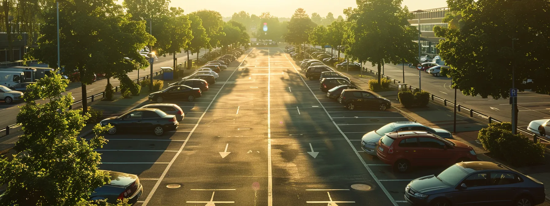 ein weitläufiger, sonnendurchfluteter parkplatz am flughafen hamburg, gefüllt mit verschiedenen fahrzeugen und umgeben von grünen bäumen, bietet eine beruhigende atmosphäre für reisende, die langfristig parken möchten.