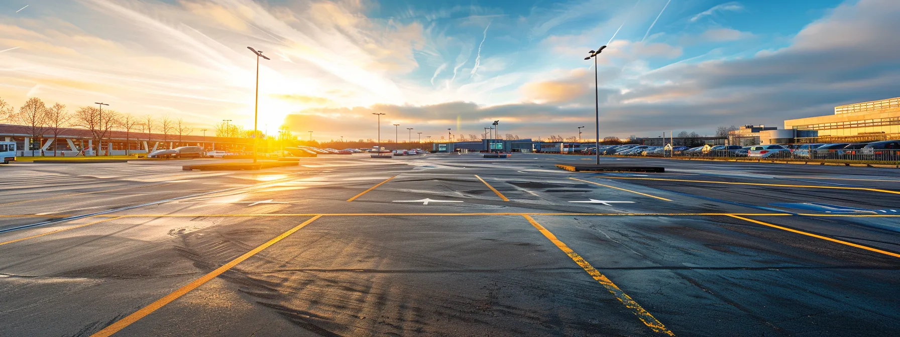 ein stressfreier flughafenparkplatz mit zeitnahen parkmöglichkeiten, umgeben von modernem flughafenambiente und sonnigem himmel, der entspanntes reisen verspricht.