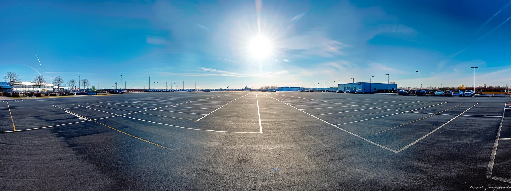 ein weites, einladendes parkareal am flughafen hamburg, gefüllt mit günstigen parkplätzen unter klarem, blauen himmel und strahlender sonnenlicht, das reisende in der vorfreude auf ihre flugreise umgibt.
