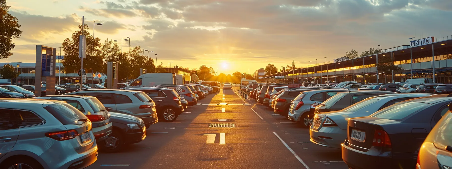 ein eleganter flughafenparkplatz in hamburg, umgeben von modernen fahrzeugen, in dem ein professioneller valet-service reibungslos fahrzeuge entgegennimmt, während die sanfte abendsonne für eine warme, einladende atmosphäre sorgt.