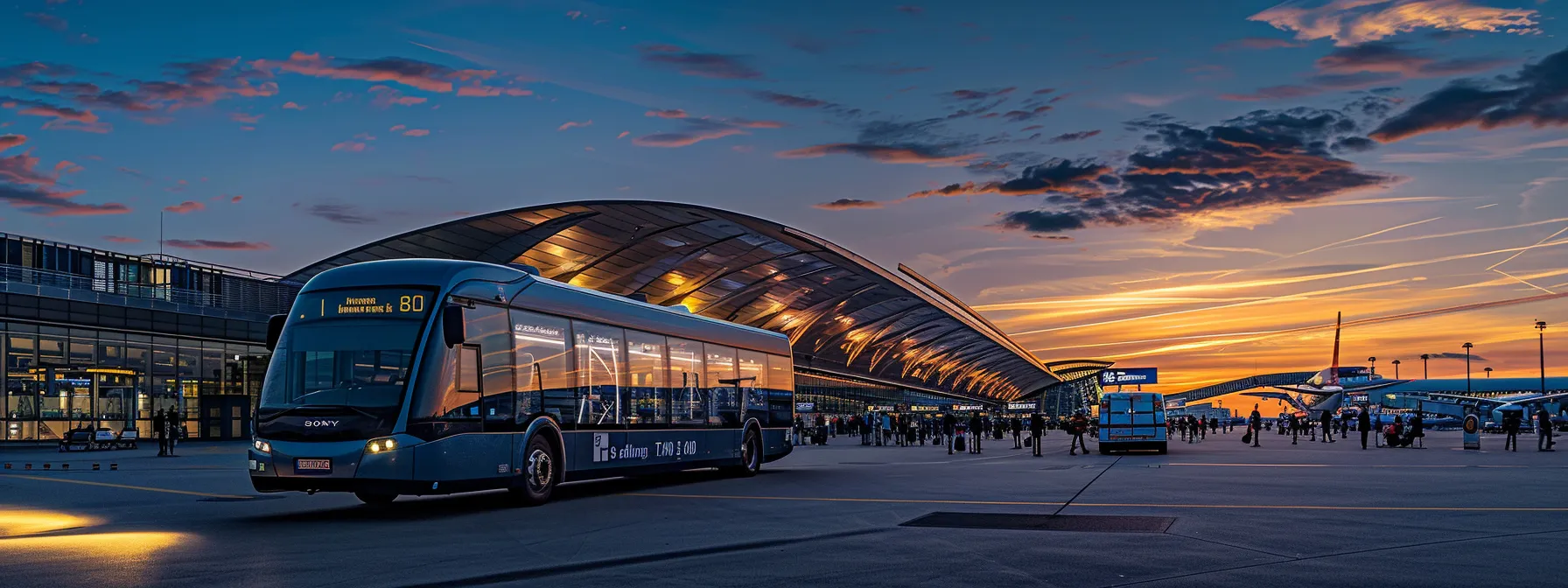 ein eleganter shuttle-bus fährt bei sonnenuntergang vor dem beeindruckenden terminal des flughafens hamburg entlang, während reisende mit fröhlichen gesichtsausdrücken auf den komfortablen service warten.